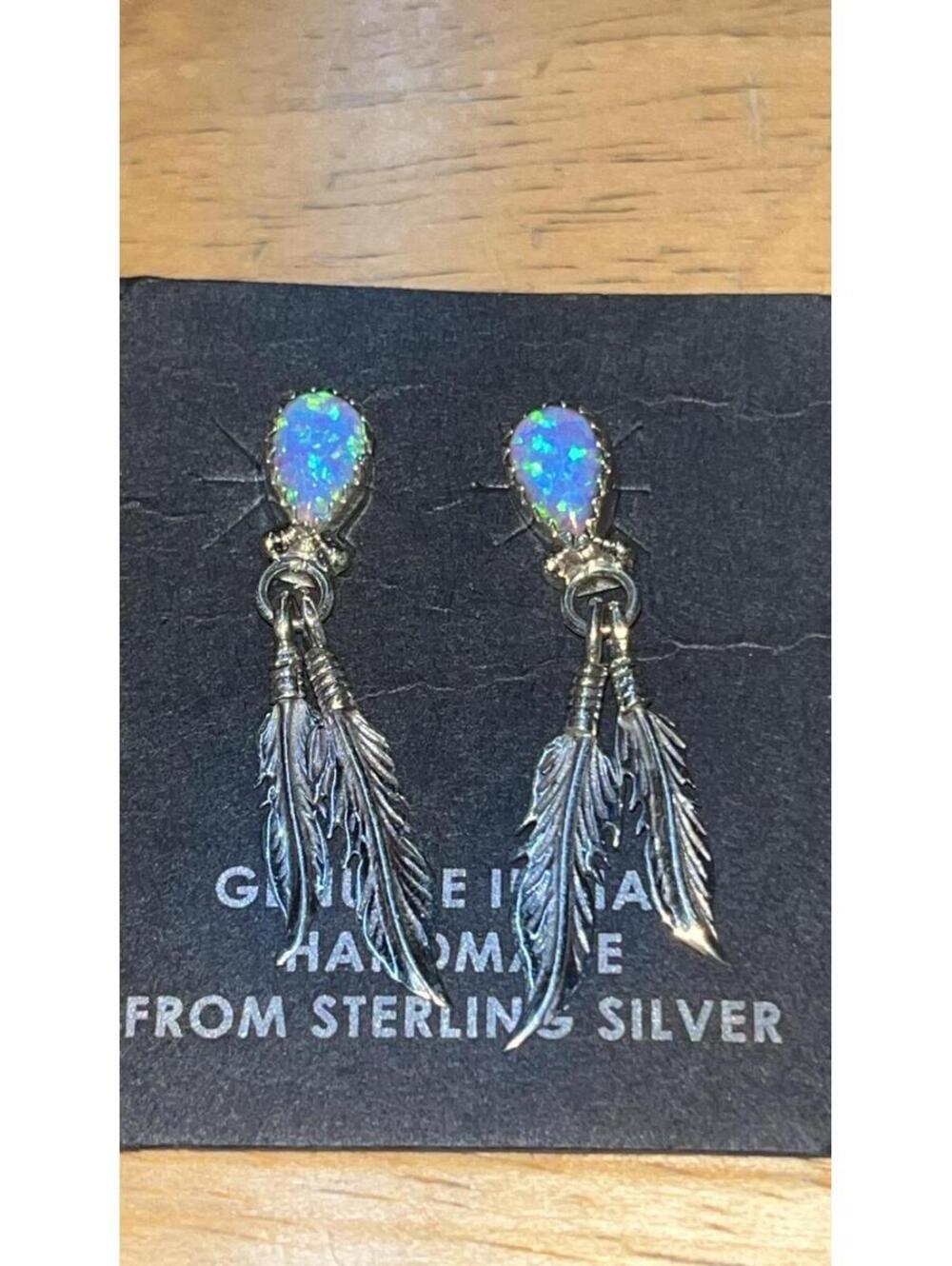 Native American Navajo handmade sterling silver opal feather cluster earrings